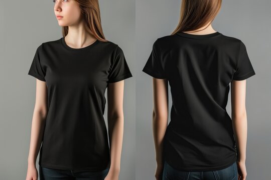 Technology Creates Photo Realistic Woman Black Tshirts, Offering Front And Back Views With Copy Space