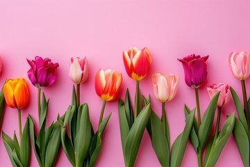 Vibrant Tulips Arranged In Flat Lay Style On Pink Background