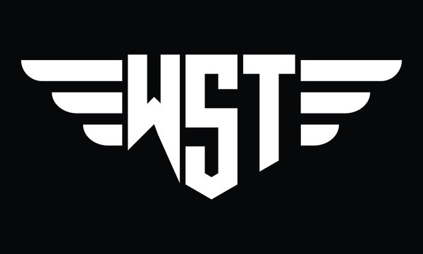 WST three letter logo, creative wings shape logo design vector template. letter mark, word mark, monogram symbol on black & white.	