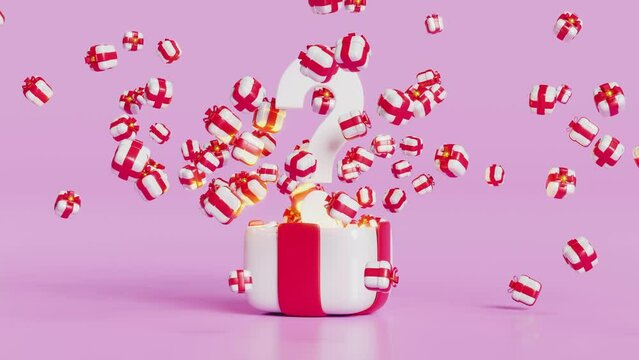 3d open the explosive gift box with question mark isolated on pink background. 3d render illustration, alpha channel