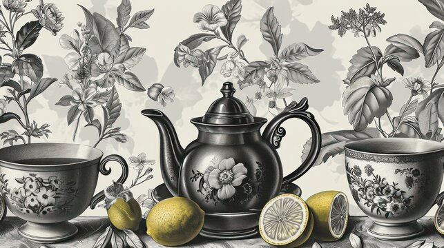  a black and white drawing of a tea set with lemons and a teapot on a table with a flowered wallpaper behind the tea pot and two lemons.