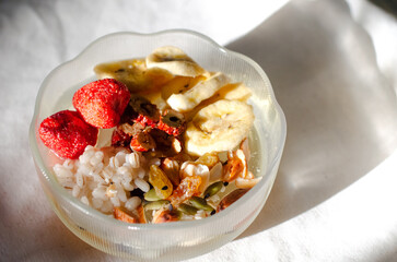 Strawberry breakfast Sin full of bowl. Cereal yogurt and crispy fruit