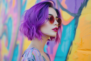 Stylish Woman With Purple Hair And Sunglasses Poses Against Abstract Painted Background During Summertime