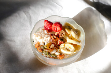 Strawberry breakfast Sin full of bowl. Cereal yogurt and crispy fruit