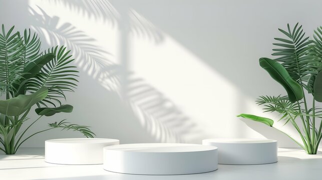 Minimal scene with white marble podium and palm leaves. 3D rendering © Henry