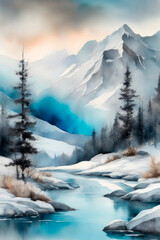 Beautiful watercolors of a winter lake between high mountains. Winter landscape in retro style.