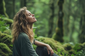 Woman Enjoys Peaceful Nature, Taking Deep Breaths In Lush, Serene Forest