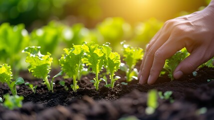 Close-up of a farmer's hand planting young green lettuce seedlings in the ground