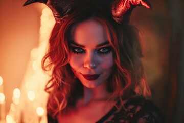 Woman Wearing Devil Costume With Horns For Halloween, Looking Captivating And Mysterious