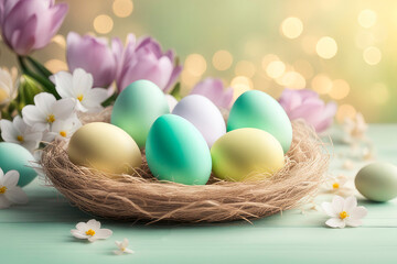 Obraz na płótnie Canvas Celebrating Easter, holiday greeting card mockup with light bokeh, flowers and colored eggs.