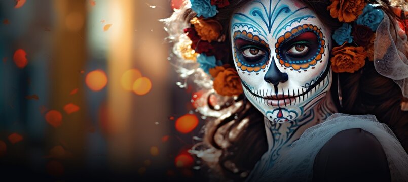 featuring elaborate Day of the Dead face paint, a masterpiece of intricate makeup and artistic expression