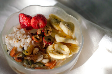 Strawberry breakfast Sin full of bowl. Cereal yogurt and crispy fruit