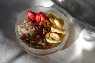 Strawberry breakfast Sin full of bowl. Cereal yogurt and crispy fruit
