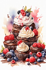 Watercolor illustration of chocolate cupcakes with cream and fresh berries.