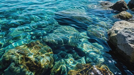 Obraz premium a body of water surrounded by rocks and a body of water surrounded by rocks and a body of water surrounded by rocks and a body of water with clear blue water.