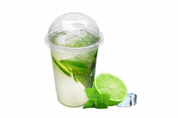 Mojito cocktail with lime, mint and ice isolated on white background
