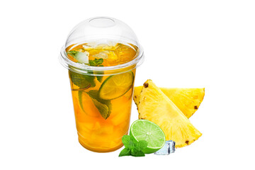 Ice tea with lemon, mint and pineapple isolated on white background.