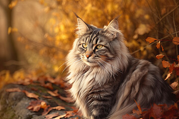 Autumn Elegance: Maine Coon Cat Amidst Fall Leaves in a Painting - Generative AI Masterpiece