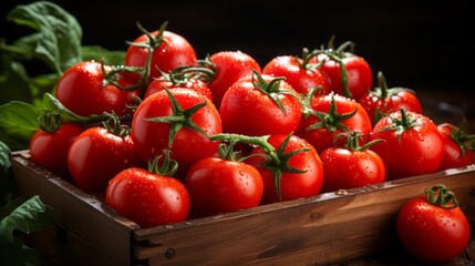Ripe tomatoes in wooden box,