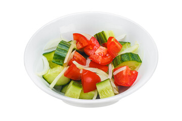 Cucumber and tomato salad in a bowl isolated on white background