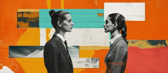 Business competition between genders in an artistic collage.
