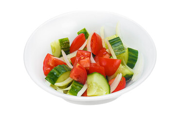Cucumber and tomato salad in a bowl isolated on white background