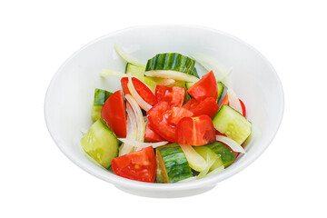 Cucumber and tomato salad in a bowl isolated on white background