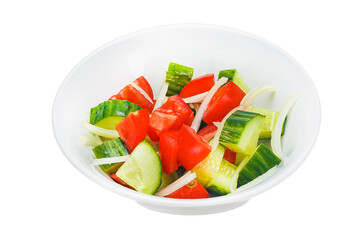 Cucumber and tomato salad in a bowl isolated on white background