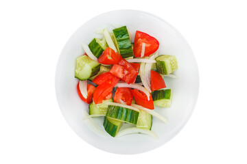 Cucumber and tomato salad in a bowl isolated on white background