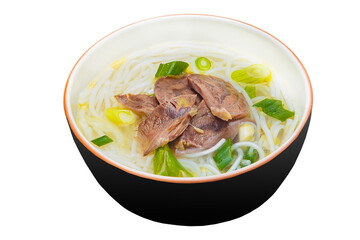 Vietnamese cuisine and food, Pho Bo soup, noodles and gourd on a plate, on a white isolated background