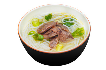 Vietnamese cuisine and food, Pho Bo soup, noodles and gourd on a plate, on a white isolated background