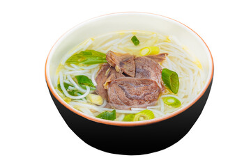 Vietnamese cuisine and food, Pho Bo soup, noodles and gourd on a plate, on a white isolated background