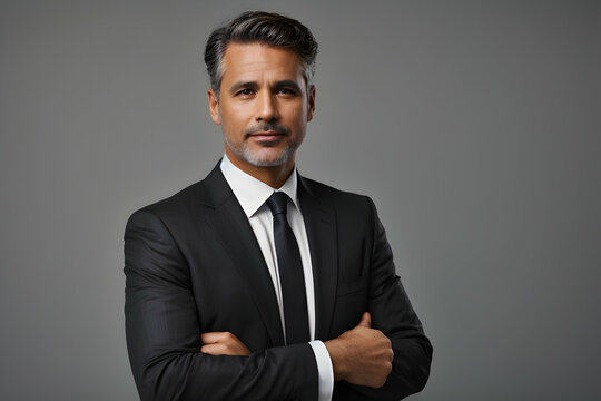 Handsome mature man in suit and tie over dark background.