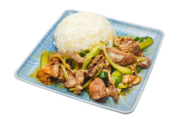 Vietnamese cuisine and food, white rice with vegetables and beef on a plate, on a white isolated background