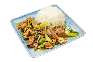 Vietnamese cuisine and food, white rice with vegetables and beef on a plate, on a white isolated background
