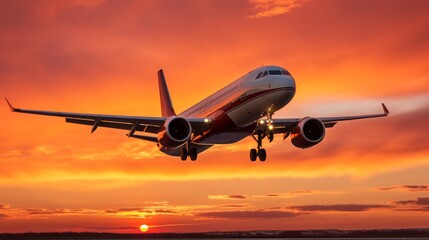 
A commercial jet taking off into a colorful sunset sky, capturing the dynamic and majestic nature of aviation.