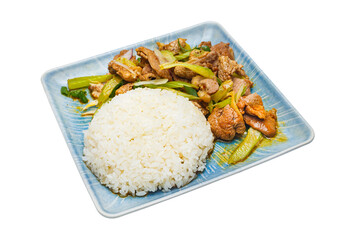 Vietnamese cuisine and food, white rice with vegetables and beef on a plate, on a white isolated background