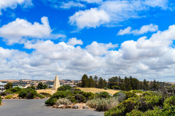 Port Elliot Obelisk viewed from the lookout on a bright day, Horseshoe Bay, South Australia - obrazy, fototapety, plakaty