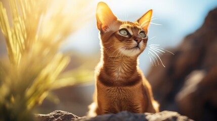 Fototapeta premium Artistic shots of an Abyssinian cat perched in a high location, capturing the graceful and inquisitive nature of the breed