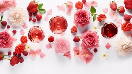  Flat-lay of rose wine in various glasses with flowers and summer fruit over plain white background, top view