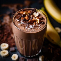 Close-up of a decadent chocolate protein smoothie with almond butter and banana, highlighting the indulgence and nutrition in a chocolatey treat.