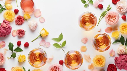  Flat-lay of rose wine in various glasses with flowers and summer fruit over plain white background, top view