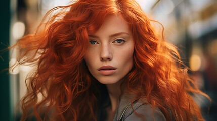 Fototapeta premium Close-up shot of individual with fiery red hair showcasing various fashion styles, highlighting the diversity within the red-haired community.