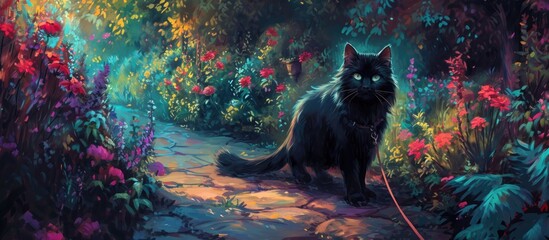 Garden with a dark feline on a leash - Powered by Adobe