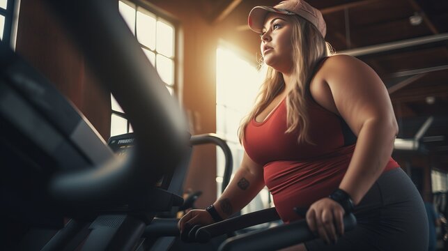 
Close up of overweight woman in fitness studio working on a fitness equipment, positive body image, 