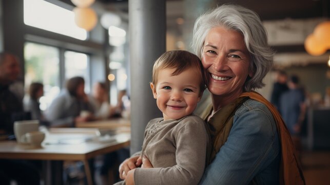 Mid Age Woman, Grandmother With Grandchild In Caffe, Without Make Up, Emphasizing Gray Hair And Natural Aging, 