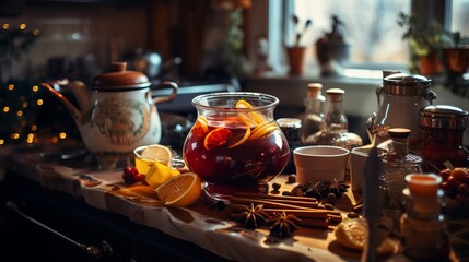 
Cozy scenes of mulled wine being prepared with aromatic spices, perfect for a winter-themed beverage
