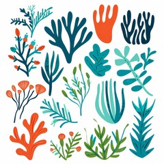 Coral and seaweed clipart, very cute and simple, cartoon style, in teal, green, orange and blue colors on a white background.