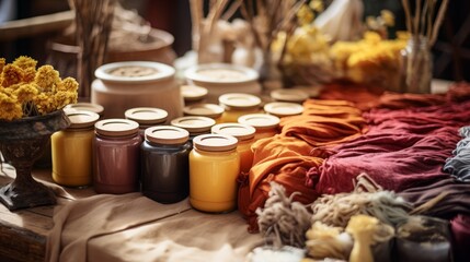 Crafting scene with homemade natural dyes in various colors for fabric - obrazy, fototapety, plakaty