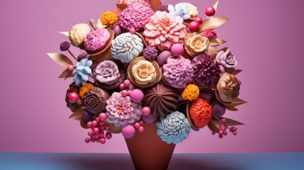 
Creative scene of chocolate truffles arranged in the shape of a bouquet, combining culinary artistry with floral aesthetics